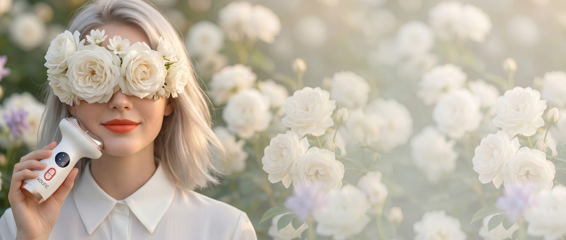 The Kdune brand banner: a warm, softly lit brand scene in rose and beige tones.